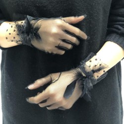 Siyah Puantiye Detaylı Siyah Tüylü Gelin Aksesuarı Parti Eldiveni-GELINELDIVENI-1119