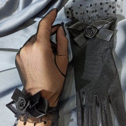 Siyah Düz Puantiyeli Ucu Büyük Fiyonklu Gelin Eldiveni-GELINELDIVENI-1120