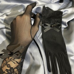 Siyah Bilek Boy Ucu Dantelli Fiyonklu Gelin Eldiveni Parti Aksesuarı-GELINELDIVENI-1121