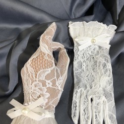 Beyaz Dantel Ve Fiyonklu Gelin Eldiveni Parti Aksesuarı-GELINELDIVENI-1123