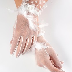 Beyaz Tül Puantiyeli Beyaz Tüylü Gelin Eldiveni Parti Aksesuarı-GELINELDIVENI-1125