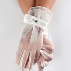 Beyaz Düz Fiyonk Detaylı Taşlı Gelin Aksesuarı Düğün Eldiveni-GELINELDIVENI-1129