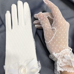 Beyaz Puantiyeli Kumaş Fiyonk Detaylı Gelin Eldiveni Düğün Aksesuarı-GELINELDIVENI-1132