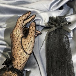 Siyah Puanlı Kumaş Detaylı Ucu Güllü Gelin Eldiveni Parti Aksesuarı-GELINELDIVENI-1134