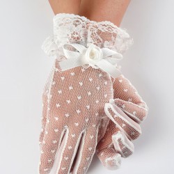 Beyaz Puanlı Kumaş Detaylı Ucu Güllü Gelin Eldiveni Parti Aksesuarı-GELINELDIVENI-1135