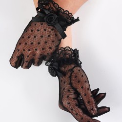 Siyah Gül Detaylı Puantiyeli Kumaş Gelin Eldiveni Gelin Aksesuarı-GELINELDIVENI-1138