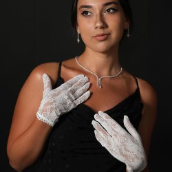 Beyaz Bilek Boy Ful Dantelli Gelin Eldiveni Düğün Aksesuarı-GELINELDIVENI-1140