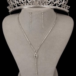 Gümüş Rengi Şık Kristal Taşlı Abiye Kolye Küpe Seti Ve İnce Yaprak Gelin Tacı-GELINTACI-1106 Gümüş Rengi Şık Kristal Taşlı Abiye Kolye Küpe Seti Ve İnce Yaprak Gelin Tacı-GELINTACI-1106