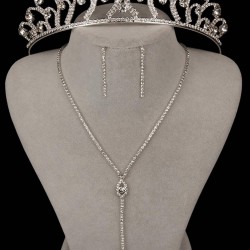 Gümüş Rengi Şık Kristal Taşlı Abiye Kolye Küpe Seti Ve Gül Gelin Tacı-GELINTACI-1109 Gümüş Rengi Şık Kristal Taşlı Abiye Kolye Küpe Seti Ve Gül Gelin Tacı-GELINTACI-1109