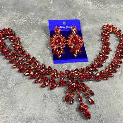 Kırmızı Sema Alınlık Gelin Kına Tacı Saç Aksesuarı Ve Üç Mekik Küpe Seti-GELINTACI-318