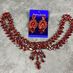 Kırmızı Sema Alınlık Gelin Kına Tacı Saç Aksesuarı Ve Üç Mekik Küpe Seti-GELINTACI-318