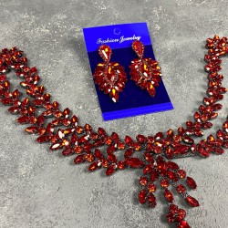 Kırmızı Sema Alınlık Gelin Kına Tacı Saç Aksesuarı Ve İnce Mekik Küpe Seti-GELINTACI-327