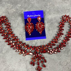 Kırmızı Sema Alınlık Gelin Kına Tacı Saç Aksesuarı Ve İnce Mekik Küpe Seti-GELINTACI-327