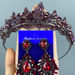 Renkli Bordo Kristalli Marvel Model Kına Gelin Tacı Ve Küpe Seti-GELINTACI-370 Renkli Bordo Kristalli Marvel Model Kına Gelin Tacı Ve Küpe Seti-GELINTACI-370