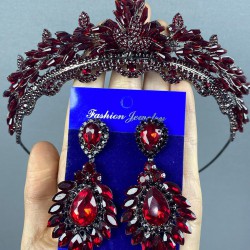 Bordo Kristalli Marvel Model Kına Gelin Tacı Ve Küpe Seti-GELINTACI-373 Bordo Kristalli Marvel Model Kına Gelin Tacı Ve Küpe Seti-GELINTACI-373