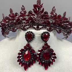 Bordo Kristalli Marvel Model Kına Gelin Tacı Ve Küpe Seti-GELINTACI-373 Bordo Kristalli Marvel Model Kına Gelin Tacı Ve Küpe Seti-GELINTACI-373