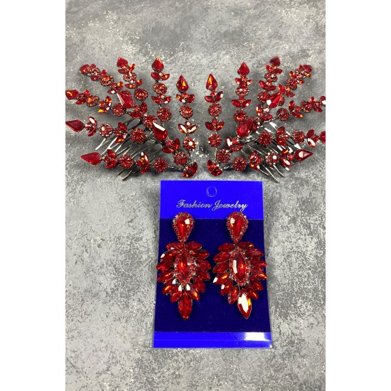 Kırmızı Çift Yapraklı Helen Model Kına Tacı Saç Aksesuarı Ve Küpe Takımı-GELINTACI-423