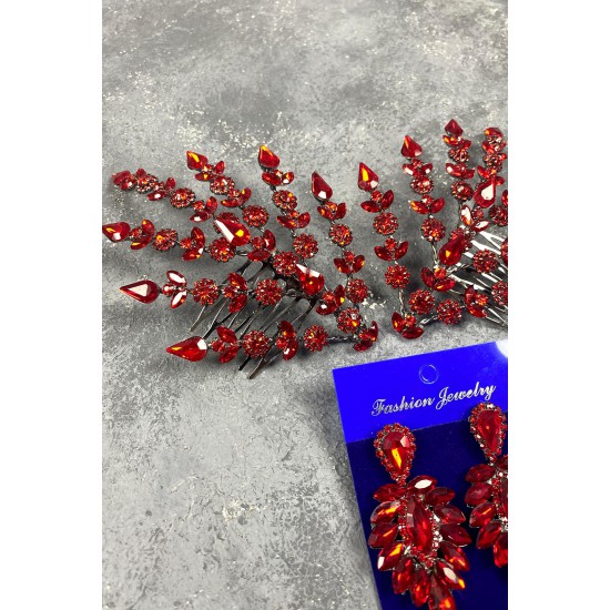 Kırmızı Çift Yapraklı Helen Model Kına Tacı Saç Aksesuarı Ve İnce Mekikli Küpe Takımı-GELINTACI-429