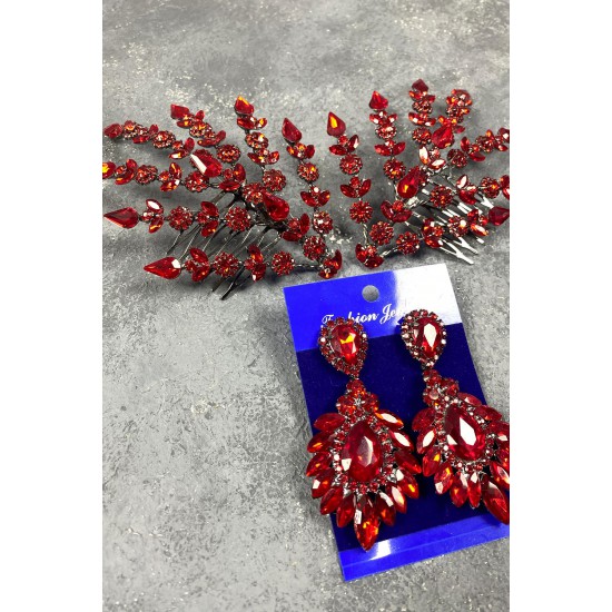 Kırmızı Çift Yapraklı Helen Model Kına Tacı Saç Aksesuarı Ve Mekik Küpe Takımı-GELINTACI-435