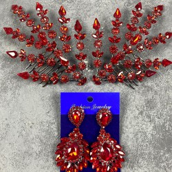 Kırmızı Çift Yapraklı Helen Model Kına Tacı Saç Aksesuarı Ve Mekik Küpe Takımı-GELINTACI-435 Kırmızı Çift Yapraklı Helen Model Kına Tacı Saç Aksesuarı Ve Mekik Küpe Takımı-GELINTACI-435