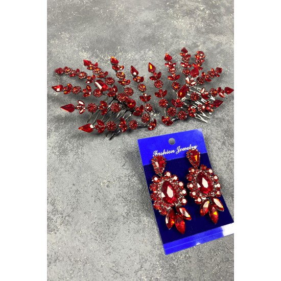 Kırmızı Çift Yapraklı Helen Model Kına Tacı Saç Aksesuarı Ve Taşlı Abiye Küpe Takımı-GELINTACI-441