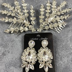 Gümüş Çift Yapraklı Helen Model Kına Tacı Saç Aksesuarı Ve Taşlı Abiye Küpe Takımı-GELINTACI-443 Gümüş Çift Yapraklı Helen Model Kına Tacı Saç Aksesuarı Ve Taşlı Abiye Küpe Takımı-GELINTACI-443