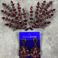 Bordo Çift Yapraklı Helen Model Kına Tacı Saç Aksesuarı Ve Damla Taşlı Abiye Küpe Takımı-GELINTACI-445 Bordo Çift Yapraklı Helen Model Kına Tacı Saç Aksesuarı Ve Damla Taşlı Abiye Küpe Takımı-GELINTACI-445