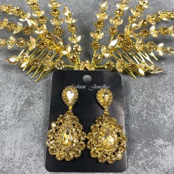 Bal Rengi Çift Yapraklı Helen Model Kına Tacı Saç Aksesuarı Ve Damla Taşlı Abiye Küpe Takımı-GELINTACI-450 Bal Rengi Çift Yapraklı Helen Model Kına Tacı Saç Aksesuarı Ve Damla Taşlı Abiye Küpe Takımı-GELINTACI-450