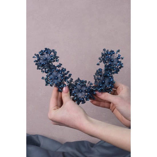 İndigo Mavi Sinay Model Çiçek Motifli Kına Gelin Tacı Ve Türban Aksesuarı-GELINTACI-551