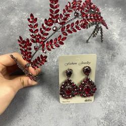 Bordo Bilana Yaprak Dallı Bant Gelin Kına Saç Aksesuarı Damla Küpe Seti-GELINTACI-582 Bordo Bilana Yaprak Dallı Bant Gelin Kına Saç Aksesuarı Damla Küpe Seti-GELINTACI-582