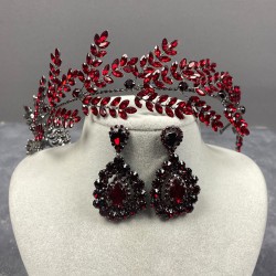 Bordo Bilana Yaprak Dallı Bant Gelin Kına Saç Aksesuarı Damla Küpe Seti-GELINTACI-582 Bordo Bilana Yaprak Dallı Bant Gelin Kına Saç Aksesuarı Damla Küpe Seti-GELINTACI-582