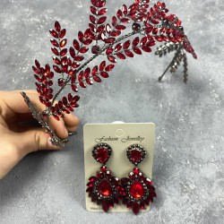 Bordo Bilana Yaprak Dallı Bant Gelin Kına Saç Aksesuarı Mekik Taşlı Küpe Seti-GELINTACI-600 Bordo Bilana Yaprak Dallı Bant Gelin Kına Saç Aksesuarı Mekik Taşlı Küpe Seti-GELINTACI-600