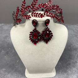 Bordo Bilana Yaprak Dallı Bant Gelin Kına Saç Aksesuarı Taşlı Küpe Seti-GELINTACI-606 Bordo Bilana Yaprak Dallı Bant Gelin Kına Saç Aksesuarı Taşlı Küpe Seti-GELINTACI-606
