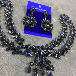 Lacivert Naomi Model Alınlık Gelin Saç Aksesuarı Ve Damla Küpe Seti-GELINTACI-616