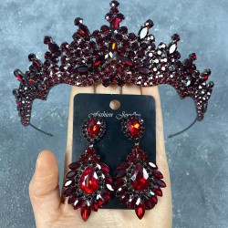 Bordo Annaber Taşlı Kına Gelin Tacı Ve Mekikli Küpe Takımı -GELINTACI-795 Bordo Annaber Taşlı Kına Gelin Tacı Ve Mekikli Küpe Takımı -GELINTACI-795