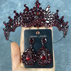 Bordo Annaber Taşlı Kına Gelin Tacı Ve Damla Taşlı Küpe Takımı -GELINTACI-801 Bordo Annaber Taşlı Kına Gelin Tacı Ve Damla Taşlı Küpe Takımı -GELINTACI-801