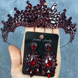 Bordo Annaber Taşlı Kına Gelin Tacı Ve Üç Mekikli Küpe Takımı -GELINTACI-807 Bordo Annaber Taşlı Kına Gelin Tacı Ve Üç Mekikli Küpe Takımı -GELINTACI-807