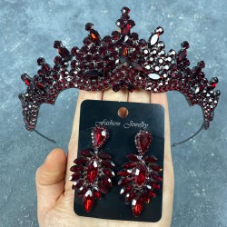Bordo Annaber Taşlı Kına Gelin Tacı Ve İnce Mekikli Küpe Seti -GELINTACI-813 Bordo Annaber Taşlı Kına Gelin Tacı Ve İnce Mekikli Küpe Seti -GELINTACI-813
