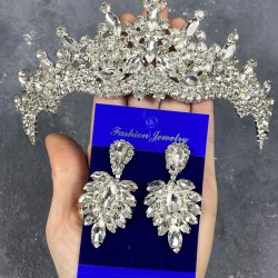Gümüş Rengi Annaber Taşlı Kına Gelin Tacı Ve İnce Mekikli Küpe Seti -GELINTACI-817 Gümüş Rengi Annaber Taşlı Kına Gelin Tacı Ve İnce Mekikli Küpe Seti -GELINTACI-817