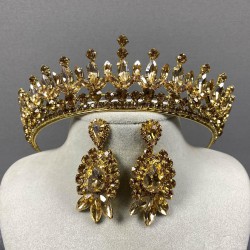 Bal Rengi Catherine Taşlı Kına Gelin Tacı Ve Üç Mekikli Küpe Takımı-GELINTACI-844 Bal Rengi Catherine Taşlı Kına Gelin Tacı Ve Üç Mekikli Küpe Takımı-GELINTACI-844