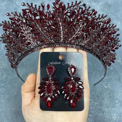 Bordo Yapraklı Nerobi Boncuk İşlemeli Gelin Tacı Ve İnce Mekik Küpe Seti-GELINTACI-896 Bordo Yapraklı Nerobi Boncuk İşlemeli Gelin Tacı Ve İnce Mekik Küpe Seti-GELINTACI-896