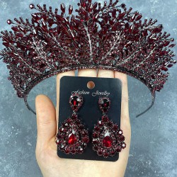 Bordo Yapraklı Nerobi Boncuk İşlemeli Gelin Tacı Ve Damla Abiye Küpe Seti-GELINTACI-902 Bordo Yapraklı Nerobi Boncuk İşlemeli Gelin Tacı Ve Damla Abiye Küpe Seti-GELINTACI-902