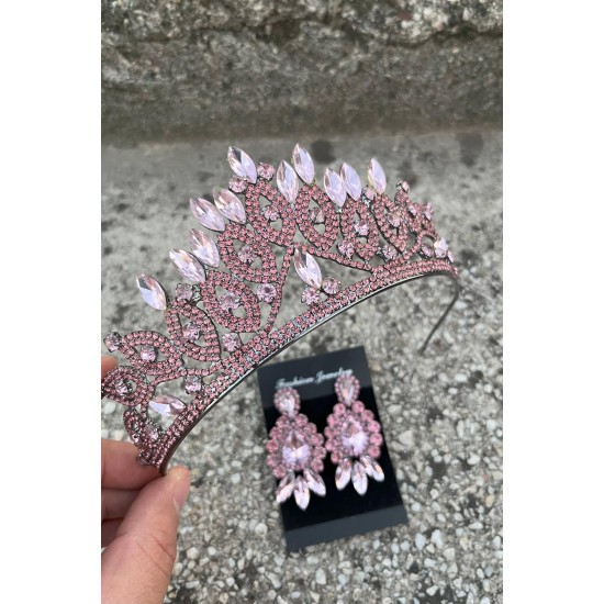 Grace Pembe Gelin Tacı ve Üç Mekik Küpe Seti – Taşlı Düğün Abiye Aksesuar-GRACE-15 Grace Pembe Gelin Tacı ve Üç Mekik Küpe Seti – Taşlı Düğün Abiye Aksesuar-GRACE-15