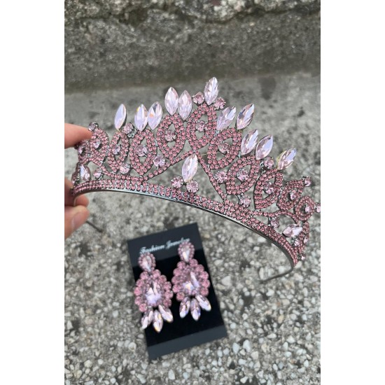 Grace Pembe Gelin Tacı ve Üç Mekik Küpe Seti – Taşlı Düğün Abiye Aksesuar-GRACE-15 Grace Pembe Gelin Tacı ve Üç Mekik Küpe Seti – Taşlı Düğün Abiye Aksesuar-GRACE-15