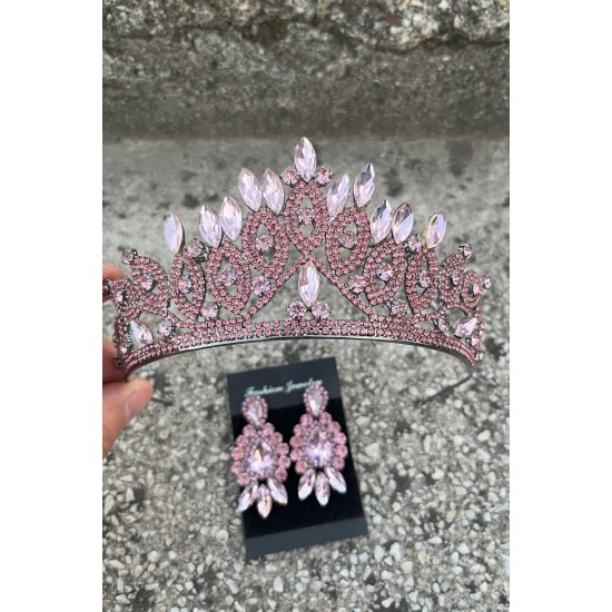 Grace Pembe Gelin Tacı ve Üç Mekik Küpe Seti – Taşlı Düğün Abiye Aksesuar-GRACE-15 Grace Pembe Gelin Tacı ve Üç Mekik Küpe Seti – Taşlı Düğün Abiye Aksesuar-GRACE-15