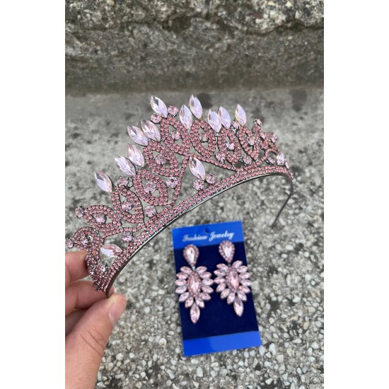 Grace Pembe Gelin Tacı ve İnce Mekik Küpe Seti – Taşlı Düğün Abiye Aksesuar-GRACE-16 Grace Pembe Gelin Tacı ve İnce Mekik Küpe Seti – Taşlı Düğün Abiye Aksesuar-GRACE-16