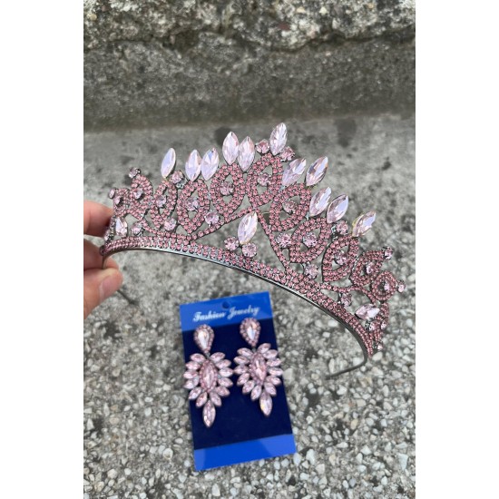 Grace Pembe Gelin Tacı ve İnce Mekik Küpe Seti – Taşlı Düğün Abiye Aksesuar-GRACE-16 Grace Pembe Gelin Tacı ve İnce Mekik Küpe Seti – Taşlı Düğün Abiye Aksesuar-GRACE-16