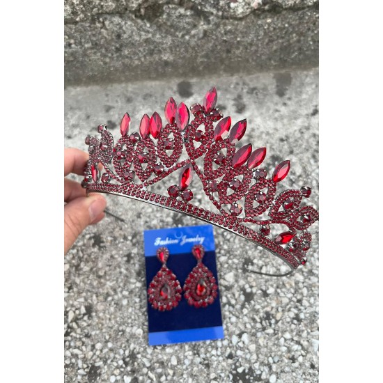 Grace Bordo Gelin Tacı ve Damla Mekik Küpe Seti – Taşlı Düğün Abiye Aksesuar-GRACE-20 Grace Bordo Gelin Tacı ve Damla Mekik Küpe Seti – Taşlı Düğün Abiye Aksesuar-GRACE-20