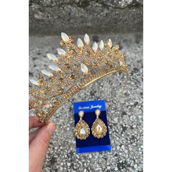 Grace Gold Gelin Tacı ve Damla Mekik Küpe Seti – Taşlı Düğün Abiye Aksesuar-GRACE-21 Grace Gold Gelin Tacı ve Damla Mekik Küpe Seti – Taşlı Düğün Abiye Aksesuar-GRACE-21