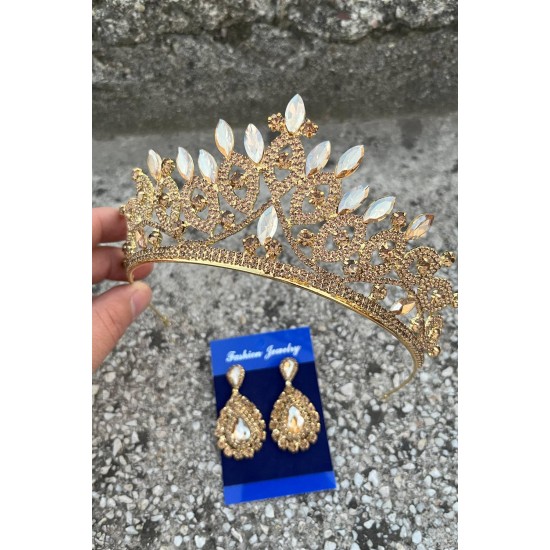 Grace Gold Gelin Tacı ve Damla Mekik Küpe Seti – Taşlı Düğün Abiye Aksesuar-GRACE-21 Grace Gold Gelin Tacı ve Damla Mekik Küpe Seti – Taşlı Düğün Abiye Aksesuar-GRACE-21